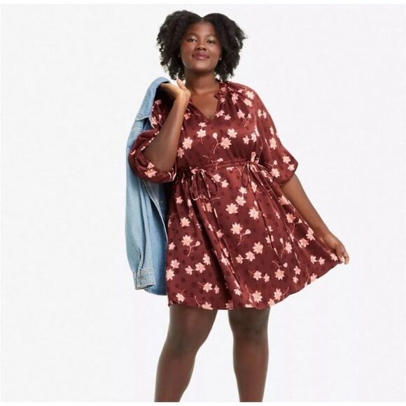 Draper James Kellie Babydoll Mini Dress in Magnolia Dot Red Floral Tie Front 1X - Picture 1 of 11